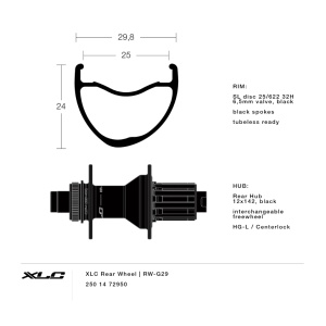 XLC Roata Spate RW-G29 HG-L 25-622 Center Lock, 12x142mm Tubeless Ready