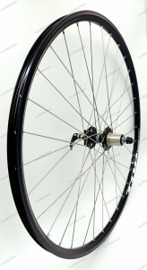 Roata spate Remerx Top Disc 622x19 dubla, simplu capsata, neagra, spiteSapim Leader, butuc alu Quando SN3R, 2 rulmenti, caseta 8/9/10 vit,negru, ax cu excentric