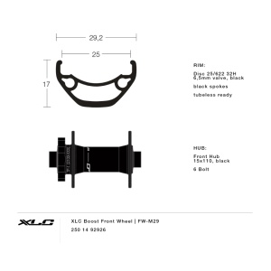 XLC Roata Fata FW-M29 25-622 6 Suruburi, 15x110mm, Tubeless Ready