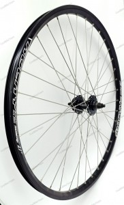 Roata fata Remerx Rocky Disc 650B 27.5x22 dubla, simplu capsata, neagra, spite Sapim Leader, butuc alu Quando disc K88F, pe bile, negru, ax cu piulite