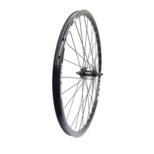 Roata fata Remerx Top Disc 559x19 dubla, simplu capsata, neagra, 32 spite Sapim Leader negre, butuc alu Quando K88F, pe bile, negru, ax cu piulite