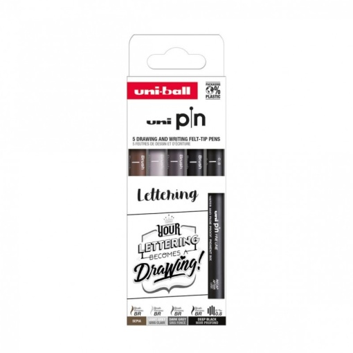 Set 5x Liner, varf 0.8 mm + pensula, UNI PIN-200, pe baza de apa
