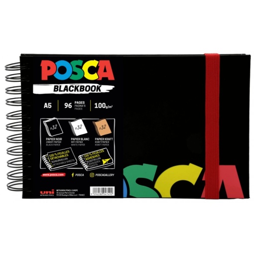 Sketchbook UNI Posca 1, A5, 96pag, cu spira, 3 tipuri de hartie (negru / alb / kraft)
