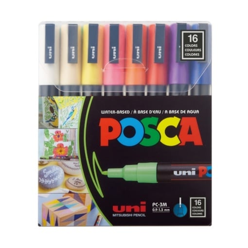 Marker UNI Posca PC-3M, varf rotund, 0.9-1.3mm, set 16 culori
