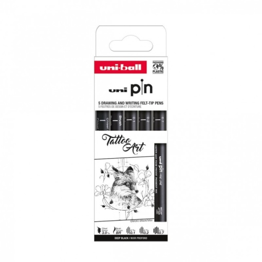 Set 5x Liner, varf 0.1-0,7mm + pensula + tesit 3.0, UNI PIN-200, pe baza de apa