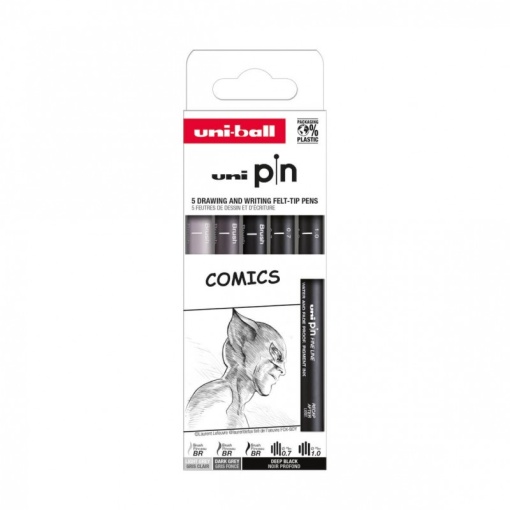 Set 5x Liner, varf 0.7-1,0mm + pensula, UNI PIN-200, pe baza de apa
