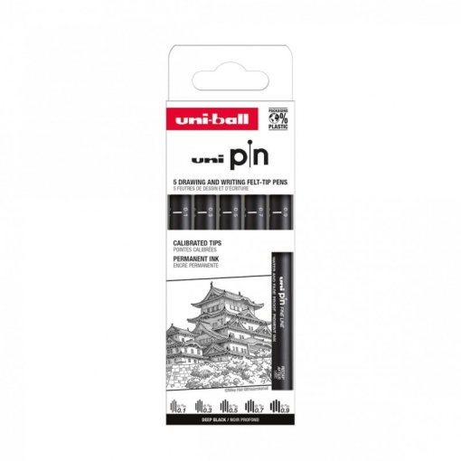 Set 5x Liner, varf 0.1-0.9mm, negru, UNI PIN-200 ASP008, pe baza de apa