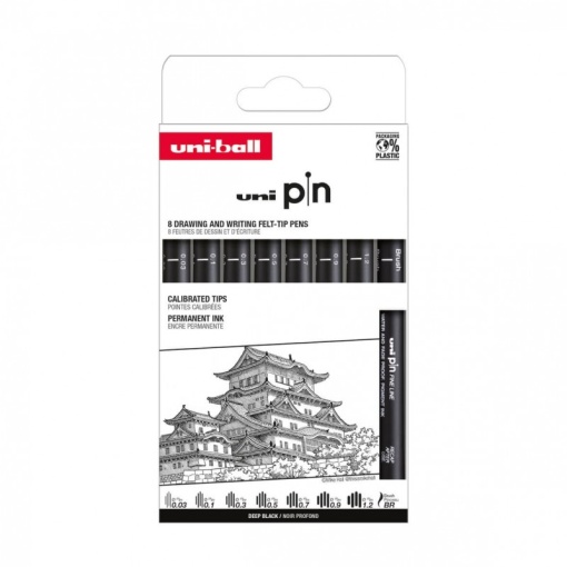 Set 8x Liner, varf 0.03-1,2mm + pensula, negru UNI PIN-200, pe baza de apa