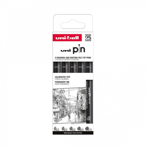 Set 5x Liner, varf 0.2-1.0mm, negru, UNI PIN-200, pe baza de apa