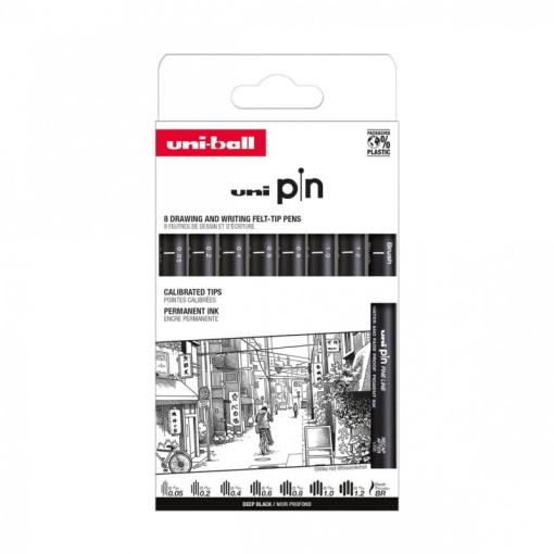 Set 8x Liner, varf 0.05-1,2mm + pensula, negru UNI PIN-200, pe baza de apa
