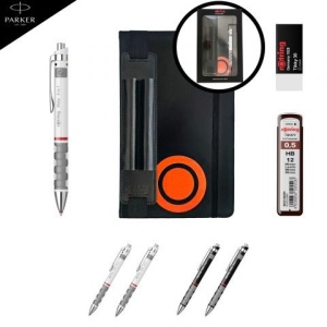 Set Rotring Tikky 3 in 1 (0.5 sau 0.7 mm) + Mine + radiera T30 + Caseta cu agenda si etui piele