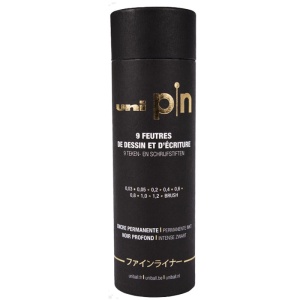 Liner UNI PIN-200, set 9 buc + cutie cadou cilindrica, varfuri diverse, negru - Img 1