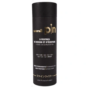 Liner UNI PIN-200, set 9 buc + cutie cadou cilindrica, varfuri diverse, negru