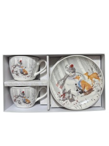 Set 2 cesti din ceramica, cadou de Craciun, cu imprimeu om de zapada si pui de caprioara