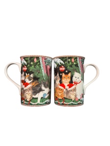 Set 2 cani din ceramica, in cutie cadou de Craciun, cu imprimeu pisici