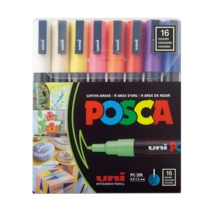 Marker UNI Posca PC-3M, varf rotund, 0.9-1.3mm, set 16 culori