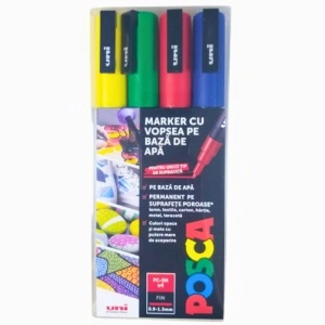 Marker UNI Posca PC-3M, varf rotund, 0.9-1.3mm, set 4 culori