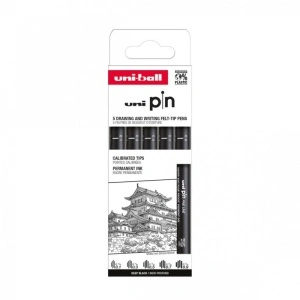 Set 5x Liner, varf 0.1-0.9mm, negru, UNI PIN-200 ASP008, pe baza de apa
