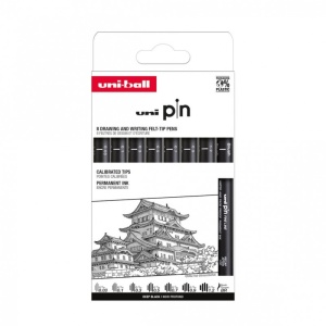 Set 8x Liner, varf 0.03-1,2mm + pensula, negru UNI PIN-200, pe baza de apa