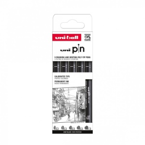 Set 5x Liner, varf 0.2-1.0mm, negru, UNI PIN-200, pe baza de apa