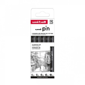 Set 5x Liner, varf 0.2-1.0mm, negru, UNI PIN-200, pe baza de apa