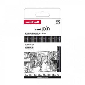 Set 8x Liner, varf 0.05-1,2mm + pensula, negru UNI PIN-200, pe baza de apa