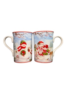 Set cani din ceramica, in cutie cadou de Craciun, cu imprimeu om de zapada