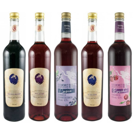 Pachet 5 vinuri fructe: Vin coacaze negre + Vin afine + Vin cirese + Vin prune + Vin porumbe