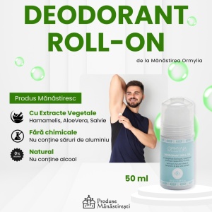 Deodorant natural Roll-On cu Hamamelis, Aloe Vera, Salvie și Ulei de Măsline – 50 ml | Mănăstirea Ormylia, Grecia