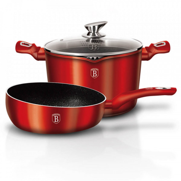 Set oala cu capac pentru paste si orez si tigaie de sotat marmorate (3 piese) din aluminiu forjat Burgundy Metalic Line Berlinger Haus 260 1303N