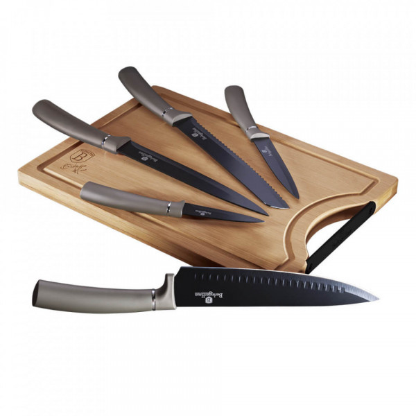 Set cutite otel inoxidabil (6 piese) cu tocator din bambus Carbon Edition Metallic Line Berlinger Haus 260 2555