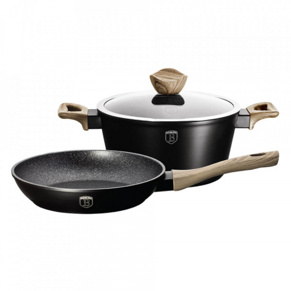 Set oala cu capac si tigaie marmorate (3 piese) din aluminiu forjat Ebony Maple Collection Berlinger Haus 260 1725