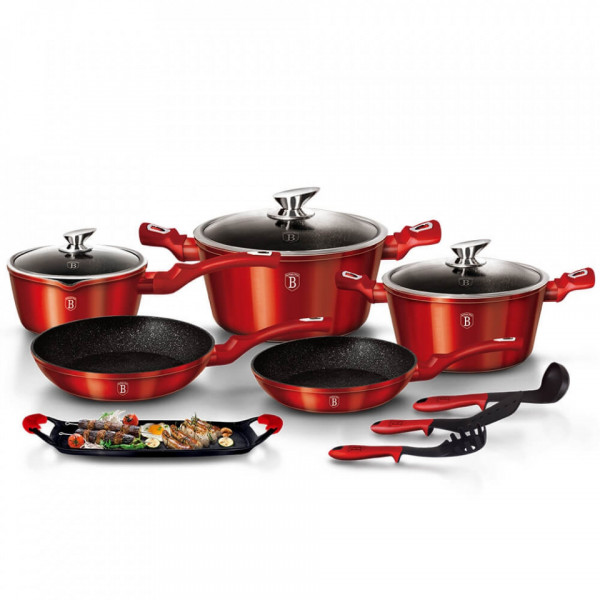 Set oale si tigai marmorate (12 piese) din aluminiu forjat Burgundy Metalic Line Berlinger Haus 260 1695