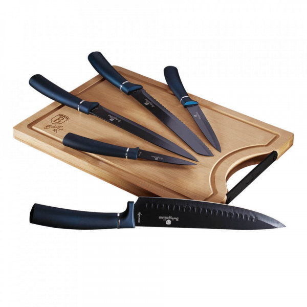 Set cutite otel inoxidabil (6 piese) cu tocator din bambus Aquamarine Metallic Line Berlinger Haus 260 2553