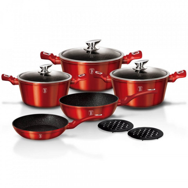 Set oale si tigai marmorate (10 piese) din aluminiu forjat Burgundy Metalic Line Berlinger Haus 260 1222N