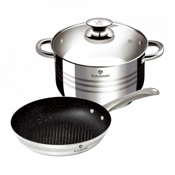 Set oala cu capac si tigaie non stick otel inoxidabil cu interior din marmura XYLAN (3 piese) Gourmet Line Blaumann 212 3180