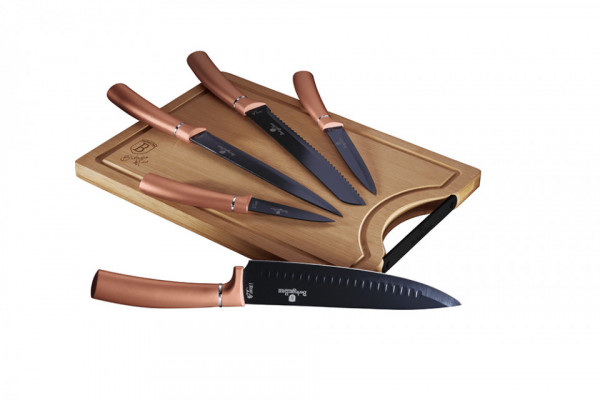 Set cutite otel inoxidabil (6 piese) cu tocator din bambus Metallic Line Rose Gold Edition Berlinger Haus 260 2575