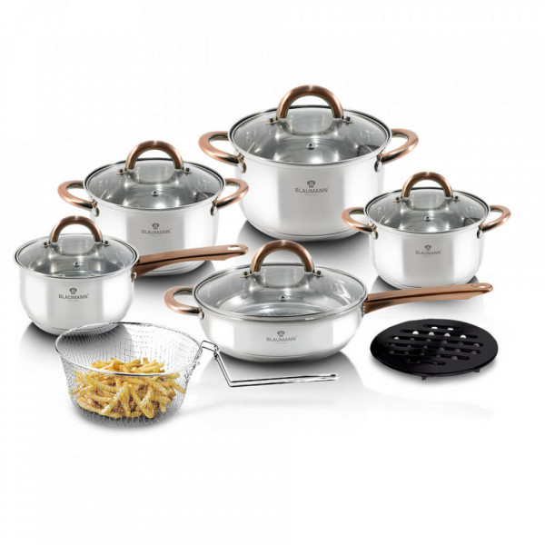 Set oale si tigai otel inoxidabil (13 piese) cu manere Rose Gold (Cupru) Gourmet Line Blaumann 212 3244
