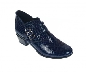 Botine dama din piele naturala Croco, Barete, Catarame argintii, Toc de 5 cm, Albastru - MVS63CTCRBL