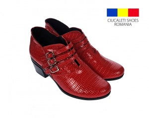 Botine dama din piele naturala Croco, Barete, Catarame argintii, Toc de 5 cm, Rosu - MVS63CTCR-R - Img 2