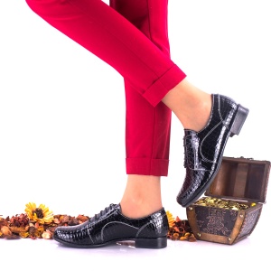 Pantofi dama, casual, din piele naturala, negri, croco - NA150CRN - Img 2