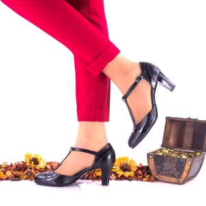 Pantofi dama, eleganti, din piele naturala si piele naturala lacuita, negri, toc 7cm - NAA97CM - Img 3