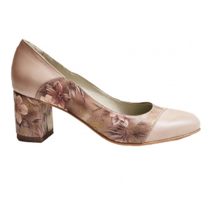 Pantofi eleganti dama, bej, model floral, din piele naturala box, toc 6 cm - NA76BEJ - Img 3