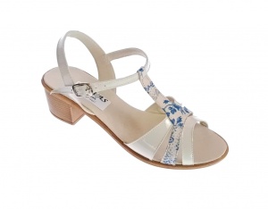 Sandale dama din piele naturala lacuita Bej, cu insertii florale bleu, S81LB - Img 8