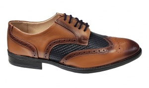 Pantofi Barbai din Piele Naturala Derby Wingtip Brogue 993 Maro - Negru