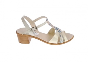 Sandale dama din piele naturala lacuita Bej, cu insertii florale bleu, S81LB - Img 5