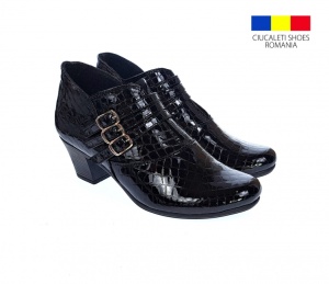 Botine dama din piele naturala Croco, Barete, Catarame argintii, Toc de 5 cm, NEGRU - MVS63CTCRN