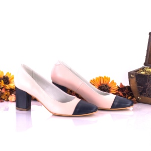 Pantofi dama eleganti din piele naturala ,nud cu bleumarin, toc de 7cm - NAA3C - Img 2