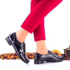 Pantofi dama, casual, din piele naturala, negri, croco - NA150CRN - Img 3