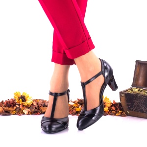 Pantofi dama, eleganti, din piele naturala si piele naturala lacuita, negri, toc 7cm - NAA97CM
